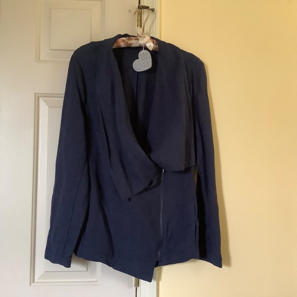 H by Halston Draped Zip Front Linen Blend Blazer Navy SZ 14 - Picture 4 of 16